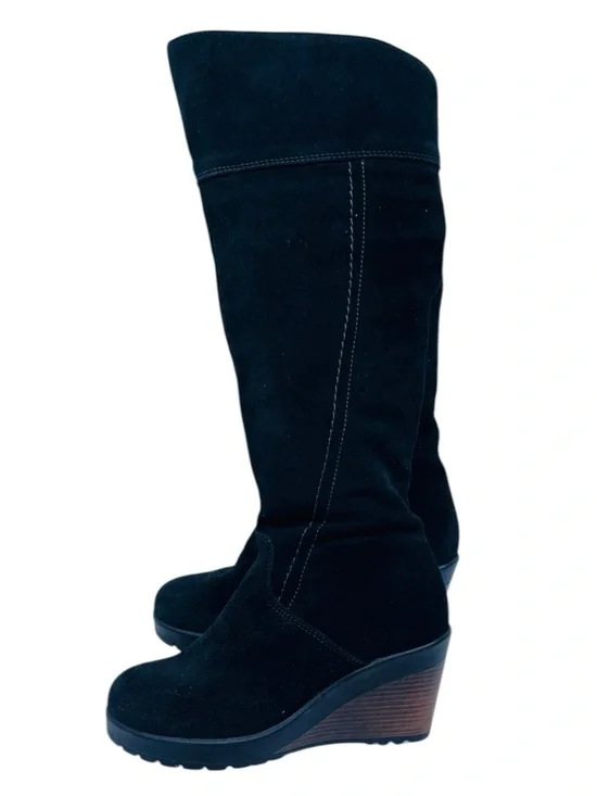 Black Suede Platform Wedge Knee High Women's Boots 37 Built-in crampons - Picture 5 of 8